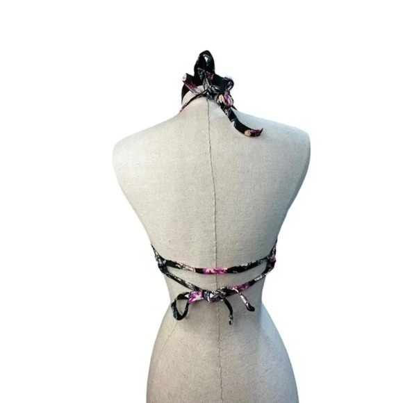 Shade & Shore Womens Floral Print Scalloped‎ Trim Halter Bikini Top Black 34 D - Picture 2 of 4